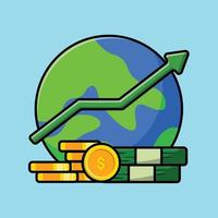 Coin Money With Globe And Statistic Cartoon Vector Icon Illustration. Business Finance Icon Concept Isolated Premium Vector