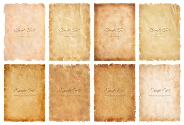 Vector collection set old parchment paper sheet vintage aged or texture isolated on white background