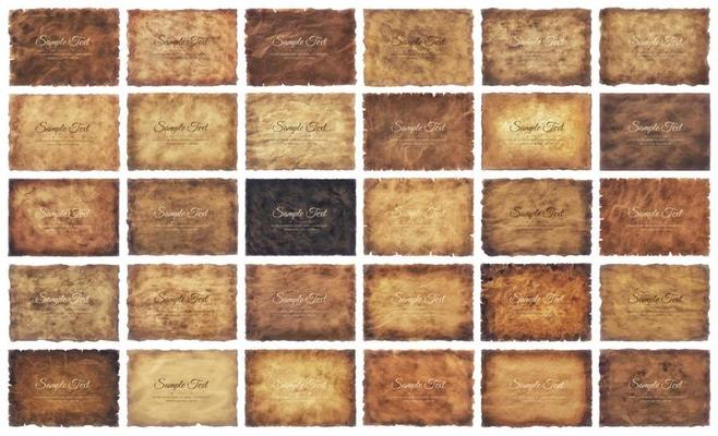 Vector collection set old parchment paper sheet vintage aged or texture isolated on white background