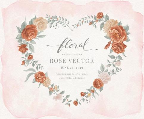 Beautiful Rose Flower and botanical leaf heart shape watercolor digital painted illustration for love wedding valentines day or arrangement invitation design greeting card