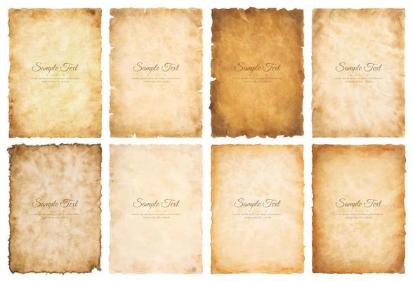 Vector collection set old parchment paper sheet vintage aged or texture isolated on white background