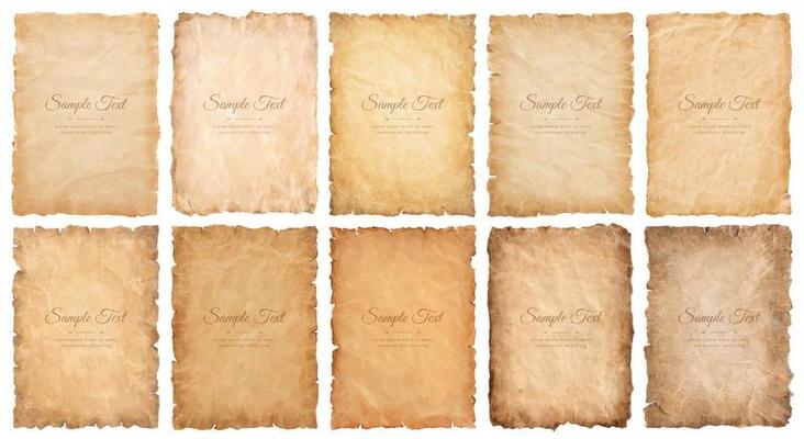 collection set old parchment paper sheet vintage aged or texture isolated on white background