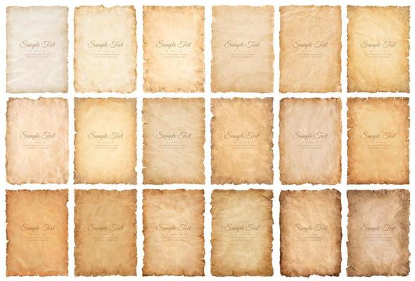 collection set old parchment paper sheet vintage aged or texture isolated on white background