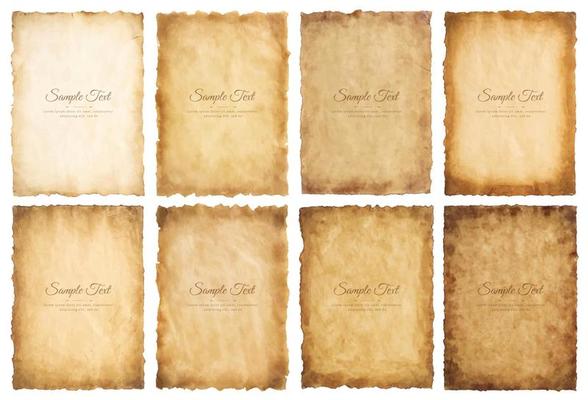 Vector collection set old parchment paper sheet vintage aged or texture isolated on white background