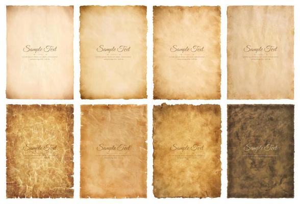 Vector collection set old parchment paper sheet vintage aged or texture isolated on white background