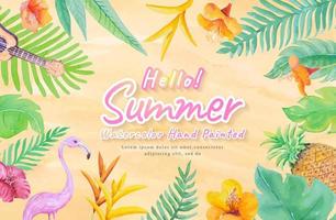 feliz concepto de vacaciones de verano con decoración botánica,guitarra,flamingo acuarela pintada a mano vector
