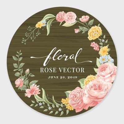Beautiful Rose Flower and botanical leaf on wood label circle digital painted illustration for love wedding valentines day or arrangement invitation design greeting card