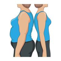 Thick and thin overweight problem concept. Two women standing back to back, with fat and lean abdomen, arm and hips, side view. vector