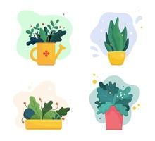 Set of abstract lush plants in flowerpots and watering can. Assorted leaves, flowers and berries. Domestic gardening illustration in modern simple flat art style. Vector illustration isolated on white