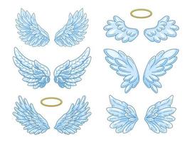 Collection of wide spread blue angel wings with golden halo. Contour drawing in modern line style with volume. Vector illustration isolated on white.