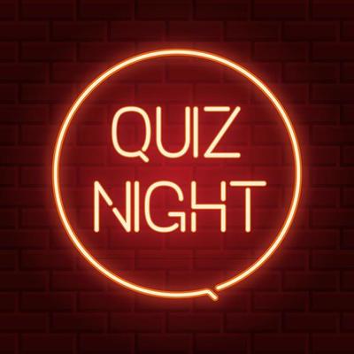 Pub quiz announcement poster, vintage styled neon glowing letters shining on dark brick background. Questions team game for intelligent people.Vector illustration, glowing electric sign in retro style