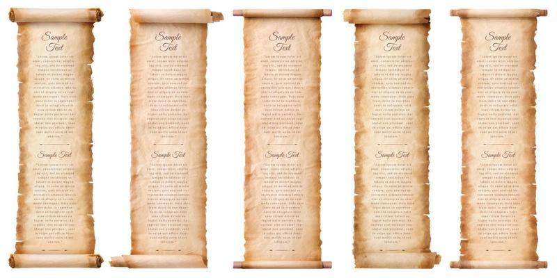 collection set old parchment paper scroll sheet vintage aged or texture isolated on white background.