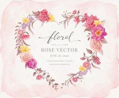 Beautiful Rose Flower and botanical leaf heart shape watercolor digital painted illustration for love wedding valentines day or arrangement invitation design greeting card vector