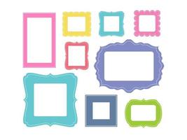 Set of cartoon picture frames organized as gallery wall. Blank colored frames isolated on white vector illustration.