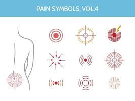 conjunto de marcadores de dolor para ilustraciones, diseños temáticos médicos y sanitarios. íconos variados que muestran el foco del dolor, los puntos gatillo y las áreas dolorosas del cuerpo. elementos vectoriales, aislados en blanco. vector