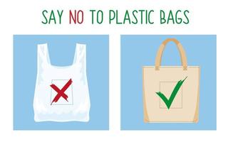 Pollution problem concept. Say no to plastic bag. Cartoon image of cellophane packet and textile bag with signage calling for stop using polythene package. Vector illustration.