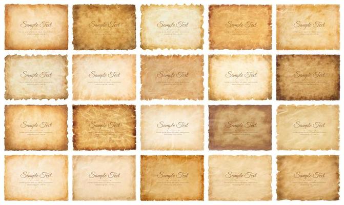 Vector collection set old parchment paper sheet vintage aged or texture isolated on white background