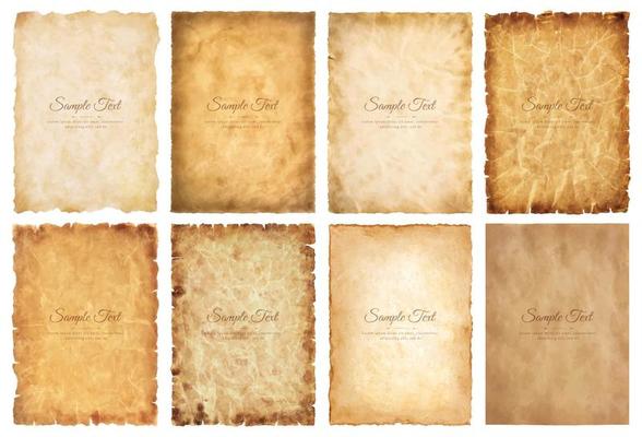 Vector collection set old parchment paper sheet vintage aged or texture isolated on white background