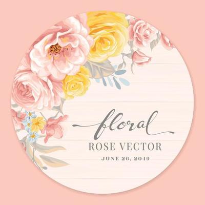 Beautiful Rose Flower and botanical leaf on wood label circle digital painted illustration for love wedding valentines day or arrangement invitation design greeting card