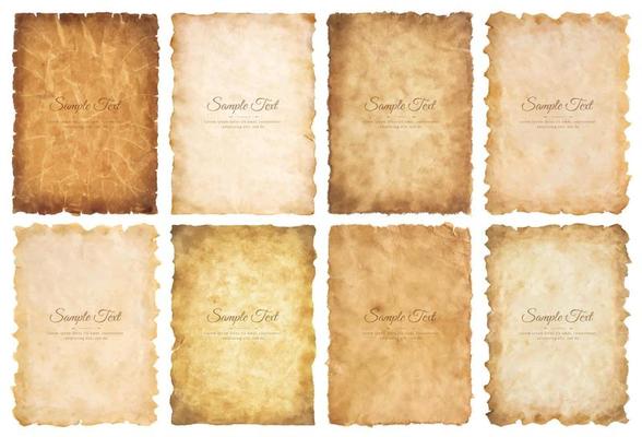 Vector collection set old parchment paper sheet vintage aged or texture isolated on white background