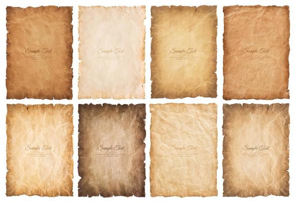 collection set old parchment paper sheet vintage aged or texture isolated on white background.