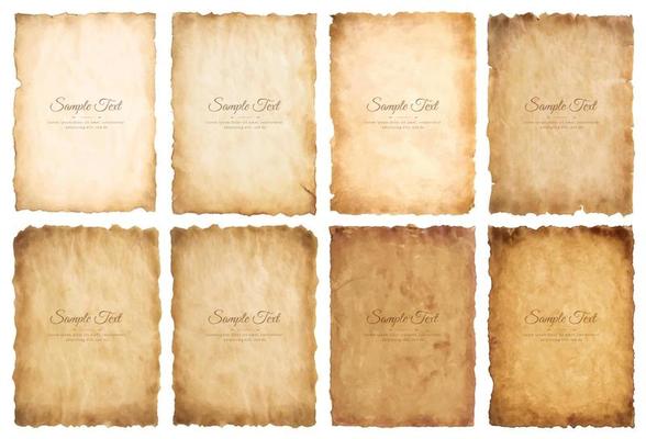 Vector collection set old parchment paper sheet vintage aged or texture isolated on white background