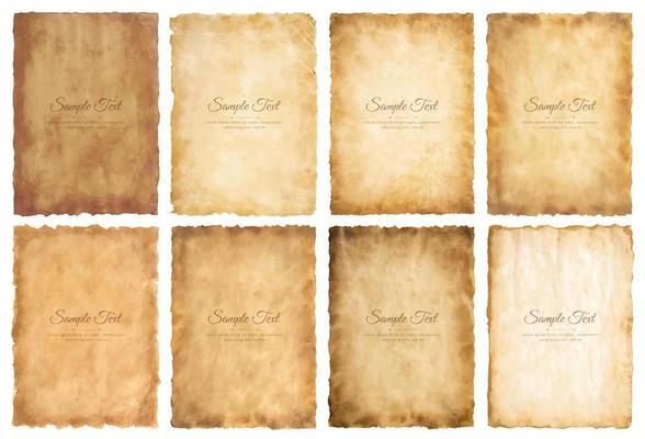 Vector collection set old parchment paper sheet vintage aged or texture isolated on white background