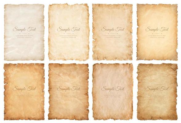 collection set old parchment paper sheet vintage aged or texture isolated on white background