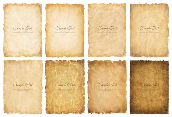 Vector collection set old parchment paper sheet vintage aged or texture isolated on white background