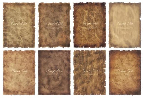 Vector collection set old parchment paper sheet vintage aged or texture isolated on white background