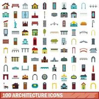 100 architecture icons set, flat style vector