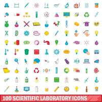 100 laboratorio científico, conjunto de iconos de estilo de dibujos animados