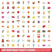 100 iconos de fiesta de cumpleaños, estilo de dibujos animados vector