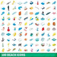 100 beach icons set, isometric 3d style vector