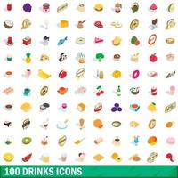 100 drinks icons set, isometric 3d style vector