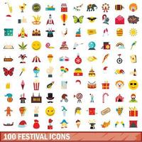 100 festival icons set, flat style vector
