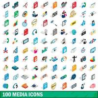 100 iconos de medios establecidos, estilo 3d isométrico vector