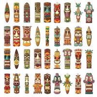 Tiki idols icon set, cartoon style vector