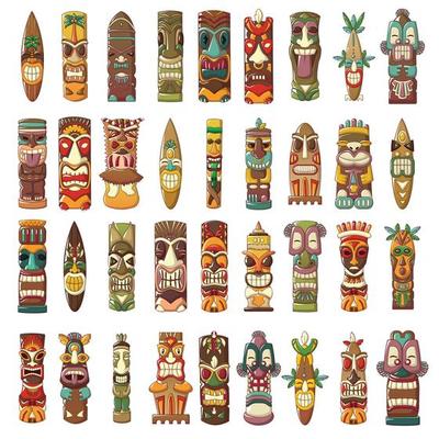 Tiki idols icon set, cartoon style