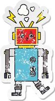 distressed sticker of a cute cartoon robot malfunction vector