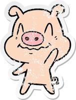 distressed sticker of a nervous cartoon pig waving vector