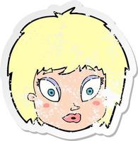 retro distressed sticker of a cartoon surprised female face vector