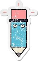 distressed sticker of a cute cartoon pencil vector