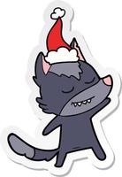 friendly sticker cartoon of a wolf wearing santa hat vector
