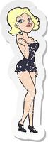 retro distressed sticker of a cartoon attractive woman in short dress vector