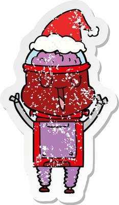 happy distressed sticker cartoon of a robot wearing santa hat