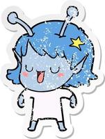 distressed sticker of a happy alien girl cartoon vector