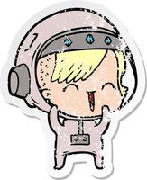 distressed sticker of a cartoon laughing astronaut girl vector