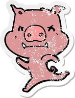 distressed sticker of a angry cartoon pig charging vector