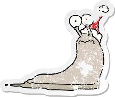 distressed sticker cartoon of a slug wearing santa hat vector